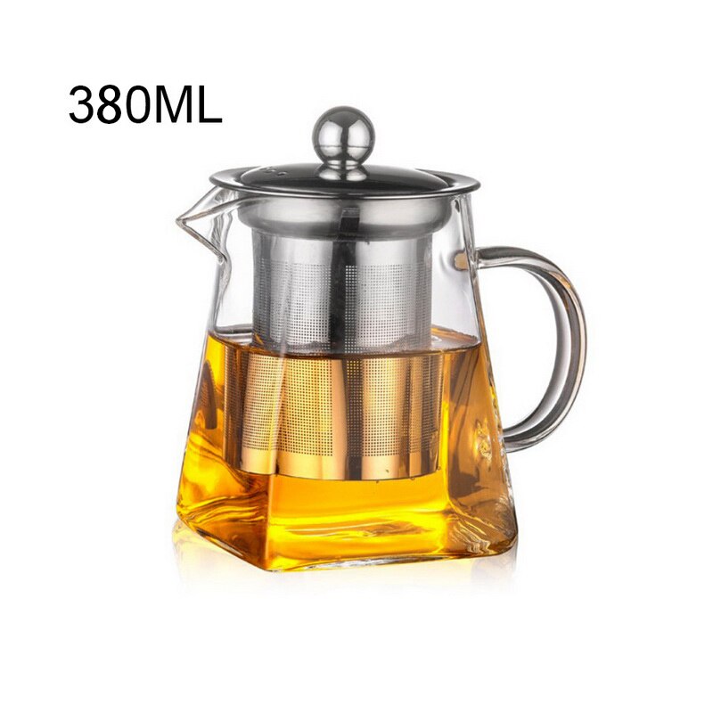 Hittebestendig Glas Theepot Met Roestvrijstalen Theefilter Verwarmde Container Thee Pot Goede Clear Ketel Vierkante Filter Manden: 380ML