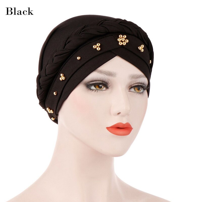 Kvinnor muslimska turban keps enfärgad bandanas pärlstav fläta pärlor dekor hatt