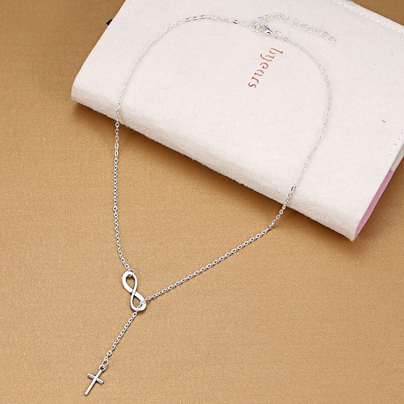 Classic 8 word Infinity Tassel Cross Pendant Silver Color Clavicle Chain Necklace Female Charm Boho Choker Jewelry Collar kolye