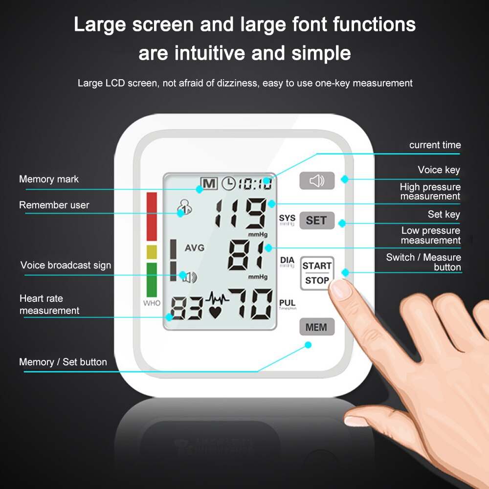 LCD Arm Automatic Blood Pressure Monitor BP Sphygmomanometer Pressure Meter Tonometer for Measue Arterial Pressure English voice
