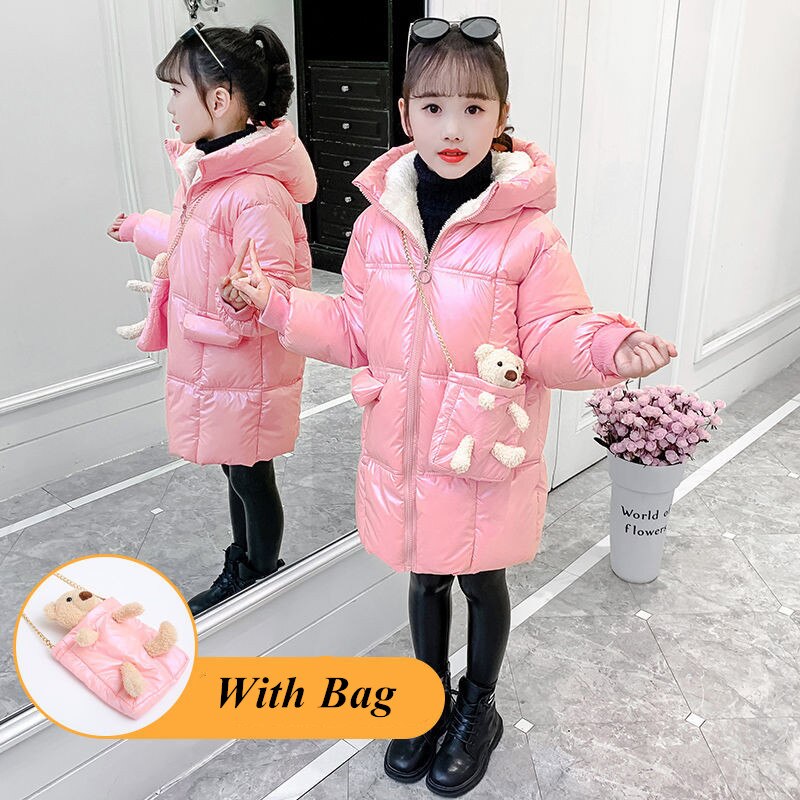 Chaqueta de plumón de terciopelo para niños y niñas, ropa de invierno cálida, Parkas gruesas, traje de nieve, abrigo, novedad de: Pink Down with Bag / 150 (11-12T)