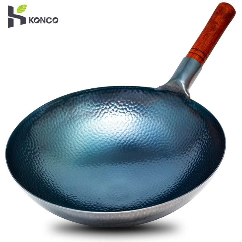 Konco Handgemaakte Ijzeren Pot 32Cm Ongecoat Traditionele Ijzeren Wok Houten Handvat Non-stick Wok Gasfornuis Pan Keuken kookgerei