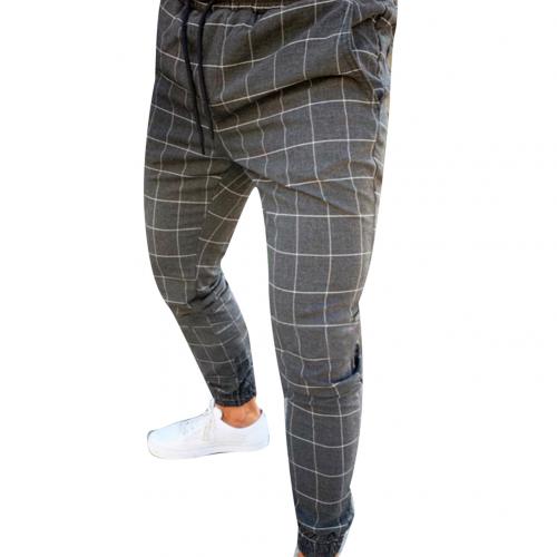 Men Plaid Print Drawstring Elastic Casual Slim Fits Pencil Pants Trousers: XXXL / Dark Gray