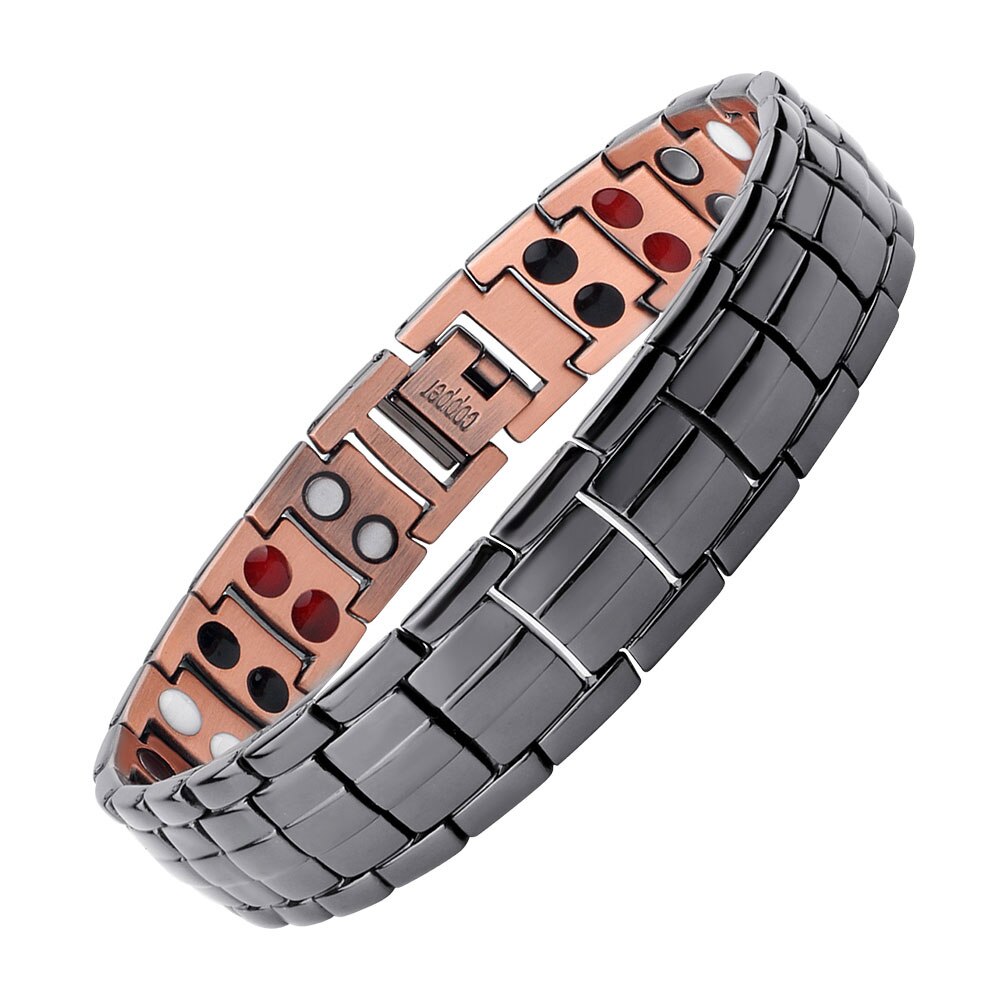 FINE4U B378 Mens Pure Copper Bracelet Double Row 4 Element Black Magnetic Health Bracelet Power Wristband: Copper1