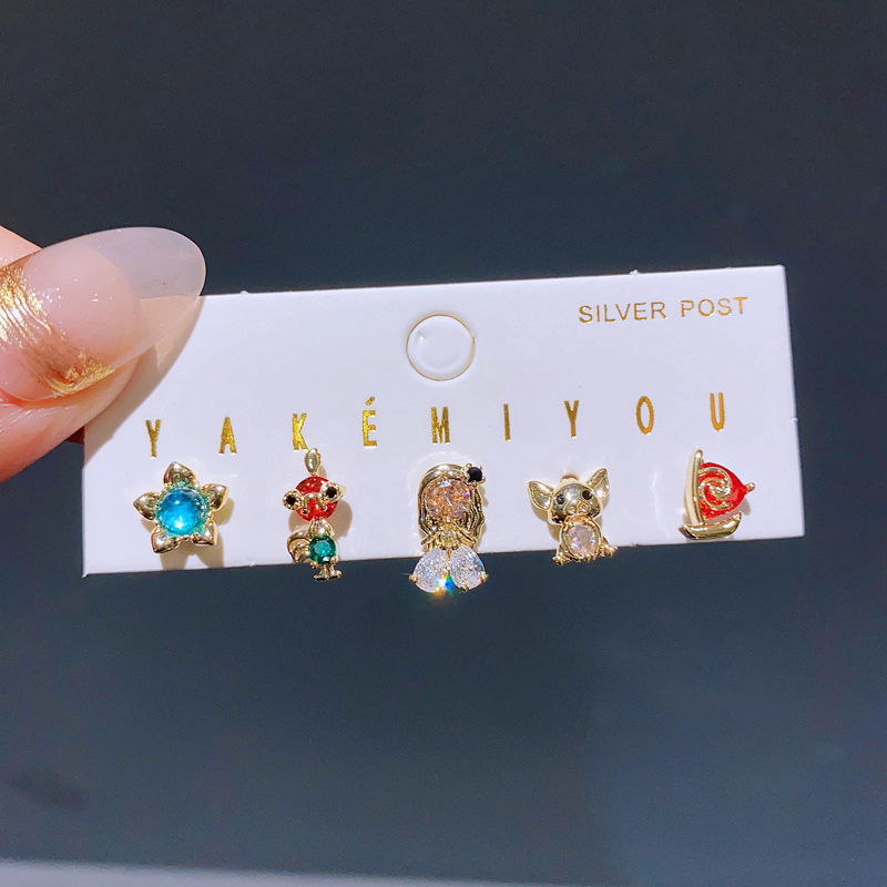 Gemischte 5 teile/satz Bunte Zirkon Kristall Märchen Zucht Ohrringe für Frauen Mädchen Party Schmuck: Schwarzes verzinktes