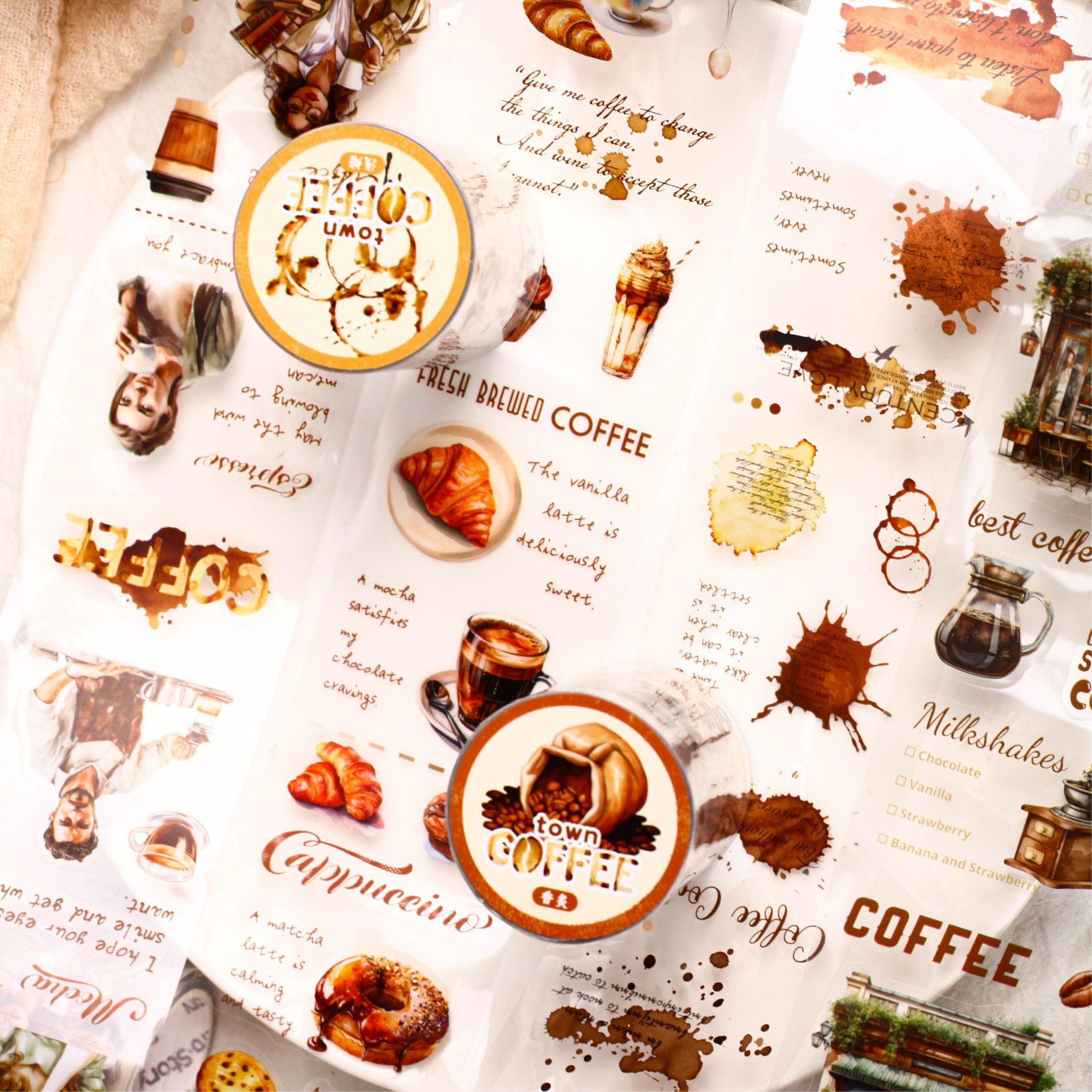 PET Tape Coffee Themed Washi Tape Set Vintage Crafts Tape Art Decorative Tape For Scrapbooking Supplies Junk Journal Planner