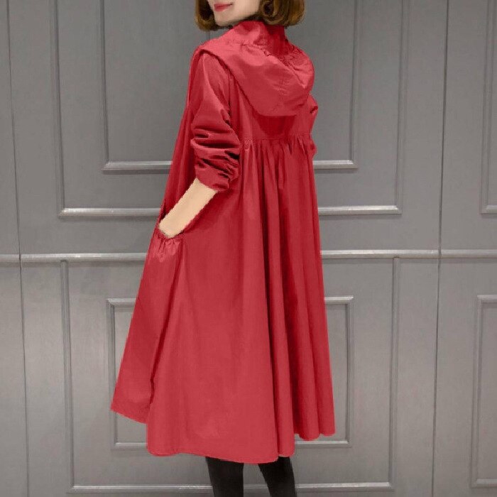 Forår efterår kvinders trenchcoats lang tynd hætte afslappet lomme vindjakke jakke kvinder vandtæt frakke kvindelige overfrakker 4xl: Rød / Xxxl