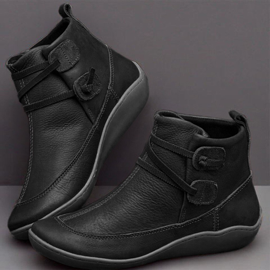 Bottines Vintage en cuir pour femmes, chaussures plates imperméables, bottines d'hiver à bout rond, solides