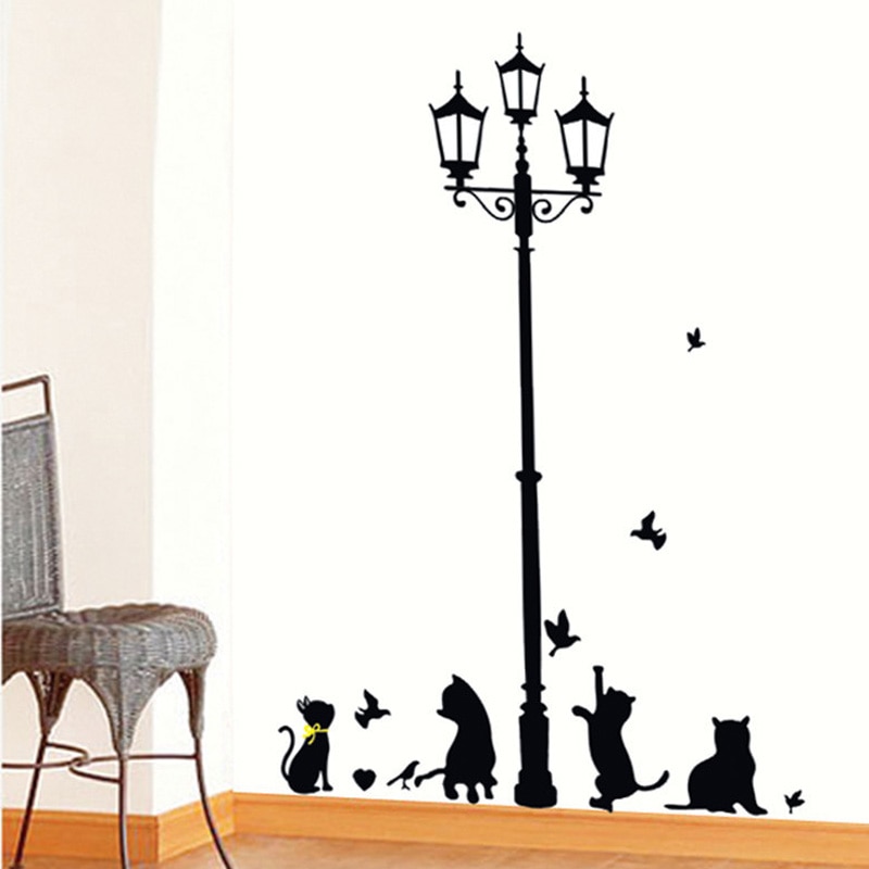 Cartoon diy antieke lamp vier katten en vogels muursticker muurschildering huisdecoratie kamer voor kinderen kamer stickers behang stickers