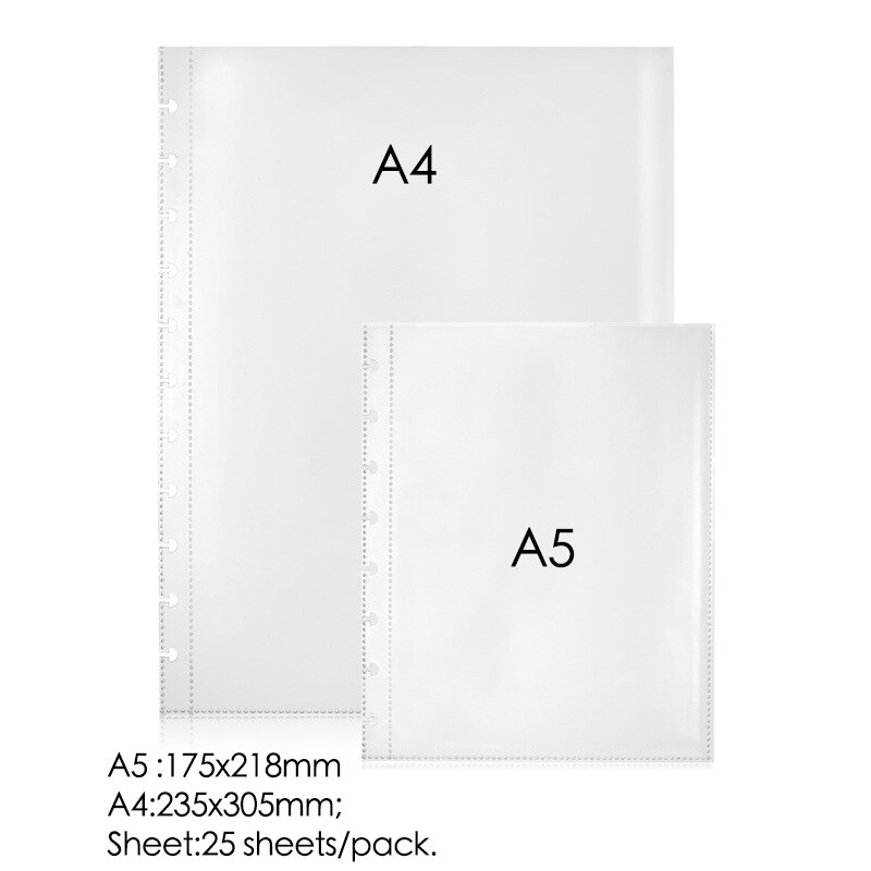 25pcs/Pack A4 A5 Transparent Loose-leaf Bag Folder Information Book Pocket for 8/11 Holes Mushroom Hole Disc Ring System Planner
