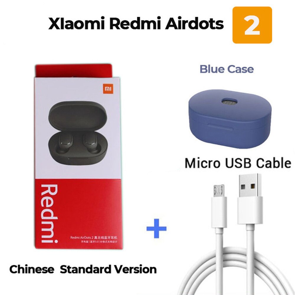 Originale Xiaomi Redmi AirDots 2 Auricolari Bluetooth TWS Senza Fili di Bluetooth V5.0 Stereo Riduzione Del Rumore Mic di Controllo Vocale Auricolare: add blue case USB