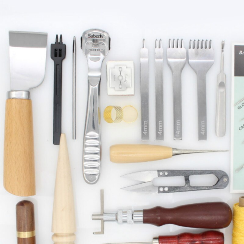 Leather Craft Hand Stitching Sewing Tool Kit Skiving Sewing Tool Set Thread Awl Waxed Tweezers Thimble Groover