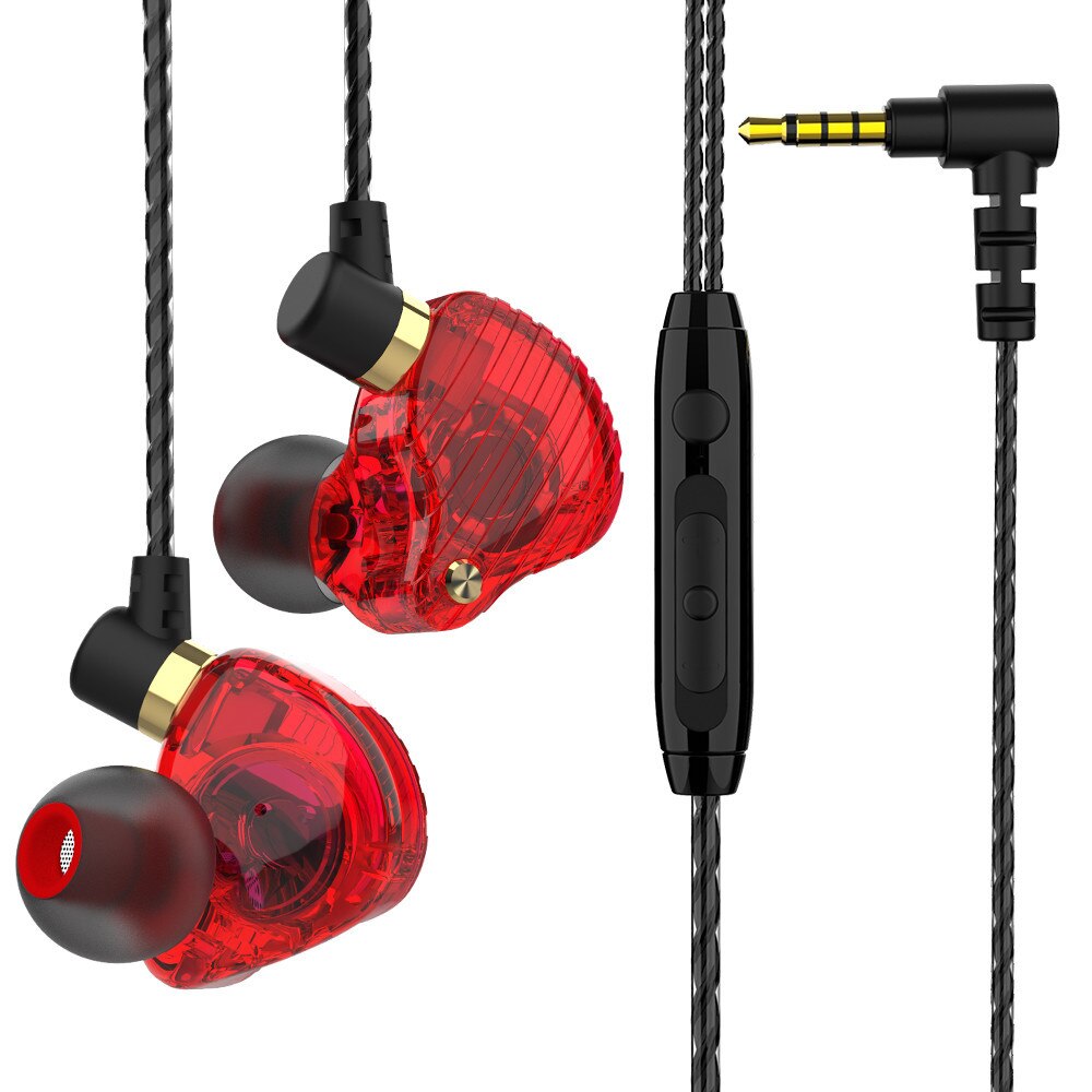 3.5mm Wired Dual Driver Earphones Stereo Bass Sport Running Headset HIFI Monitor Earbuds Handsfree With Microphone QKZ SK3: Red