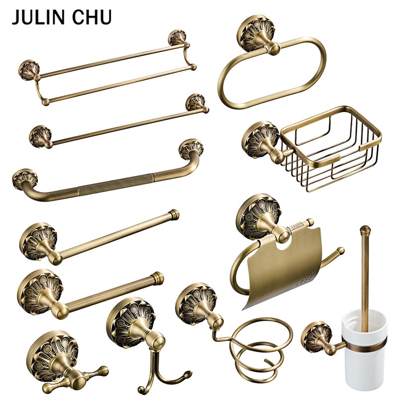 Antieke Badkamer Accessoires Set Brons Vintage Messing Föhn Houder Wc Papier Handdoekenrek Ring Zeep Mand Gewaad Haak Handvaten