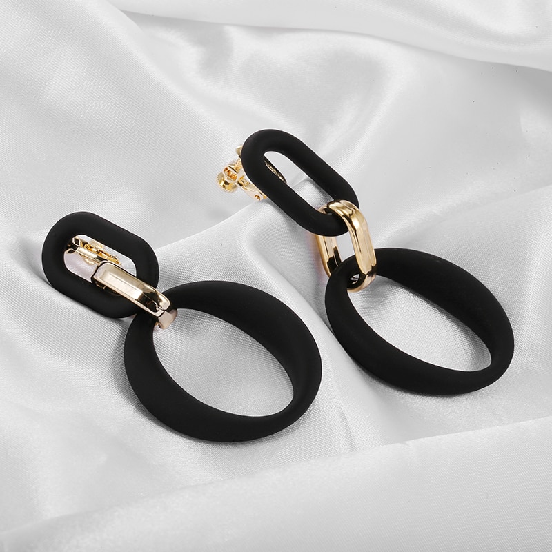 Pendientes de Clip de cadena acrílica para mujer, aretes largos de color dorado, mate, negro, Vintage, ovalados, geométricos, sin agujeros,
