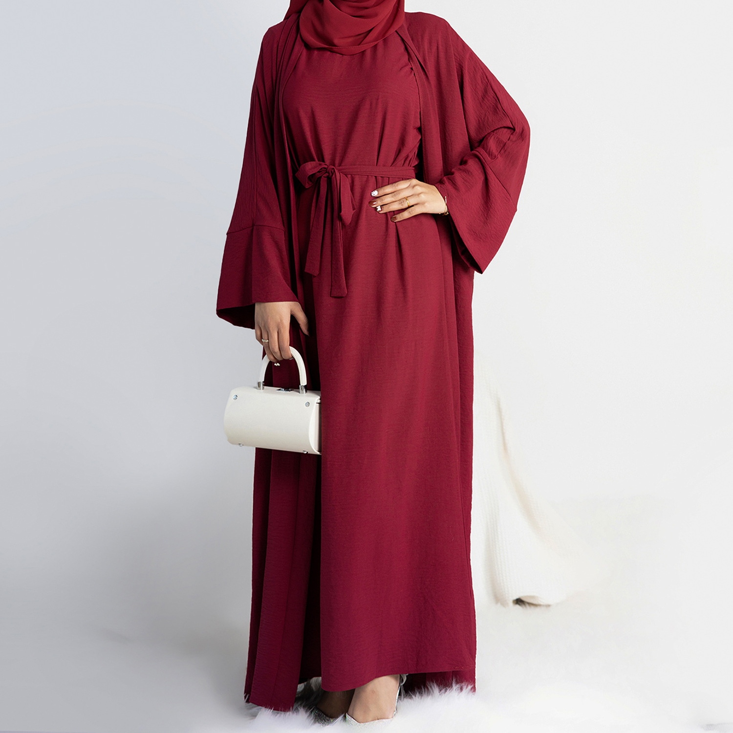 Abaya vestido Hijab sin mangas, conjunto musulmán a juego, bata islámica de lujo, vestido africano, Kimono marroquí, ropa de caftán, 2 uds./Set: L / Gris