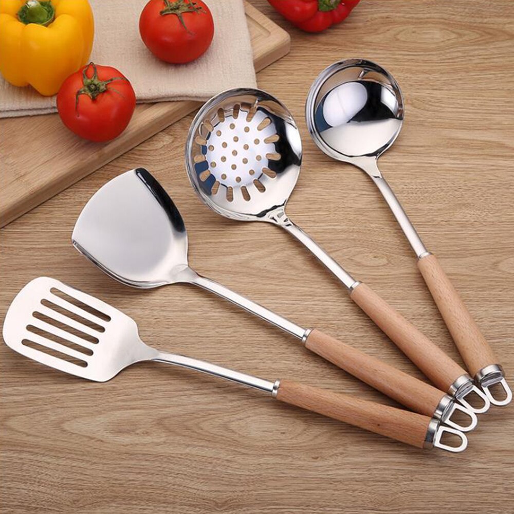 1Pcs Spatula with Wooden Handle Stainless Steel Kitchenware Set Household Spoon Kitchen Gadget Stainless Steel Frying Shovel