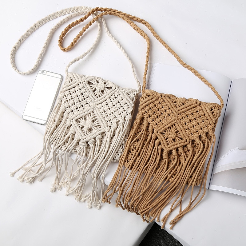 Fringe Tassel Crossbody Schoudertas Geweven Handgemaakte Boho Strand Reizen Handtas Voor Vrouwen