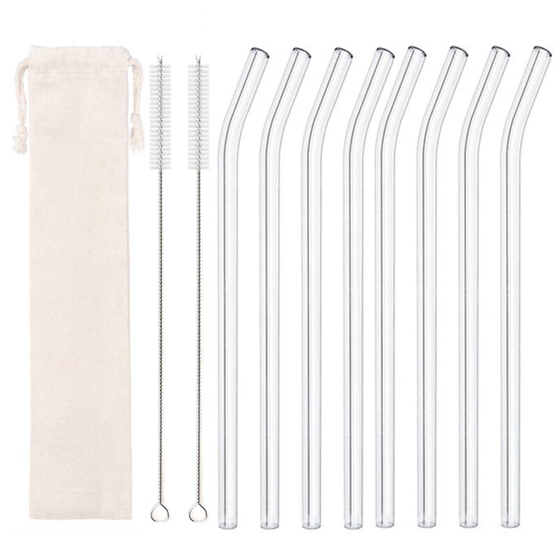 Paille en verre transparente pour toute boisson,accessoire sain, réutilisable et , pour Smoothies, cocktails, livré avec brosse de nettoyage, 200x8mm: 8pcs Bent white