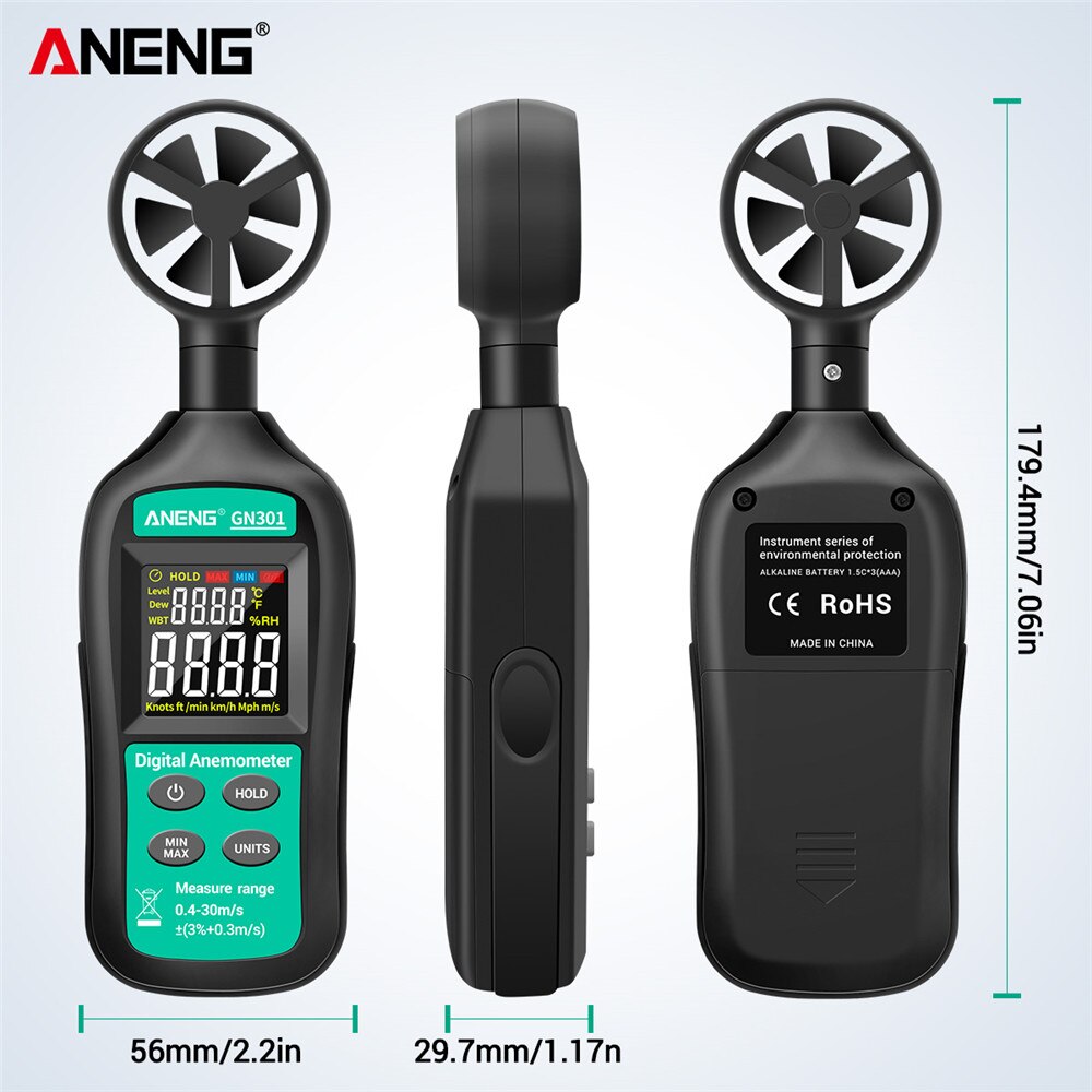 ANENG GN301 Handheld Digital Anemometer Digital Meteorograph High Precision Wind Speed/Temperature Meter with LCD Backlight