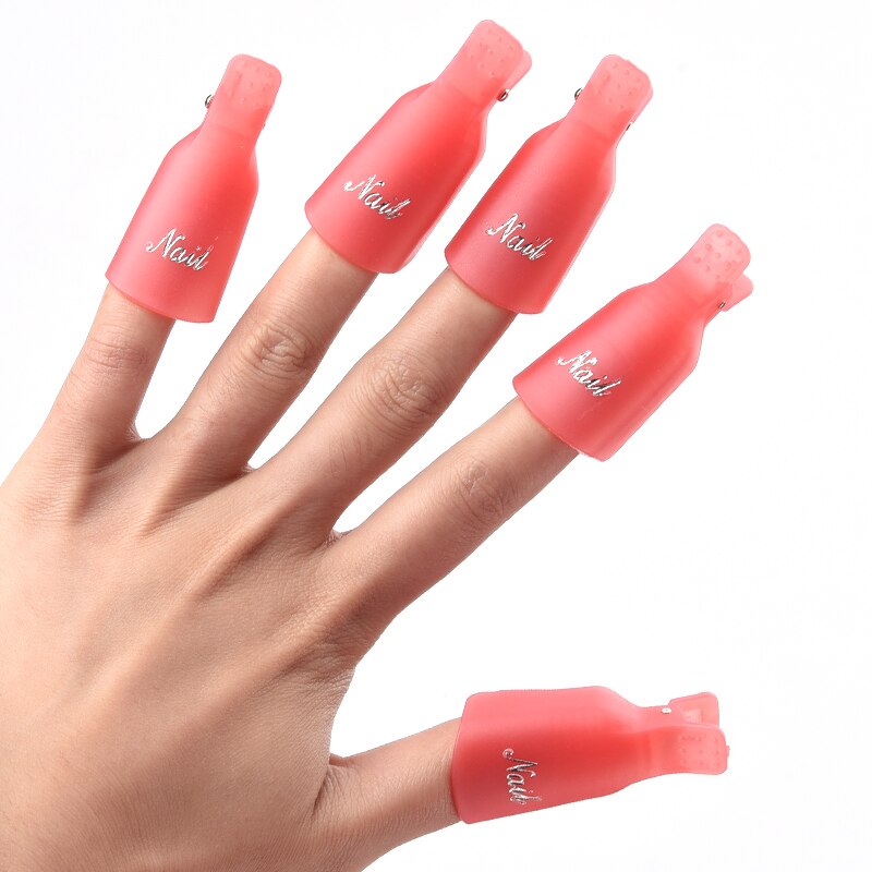 10PCS a Set Durable Reusable Plastic Nail Polish Remover Lacquer Tool Soak Off Wrap Nail Cleaner Clip Cap Remover Gel: Pink