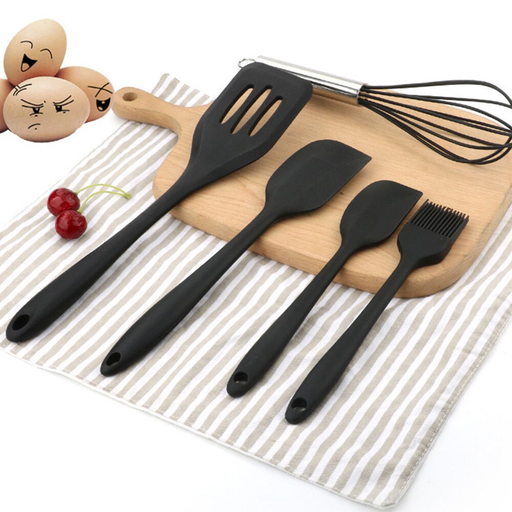 Utensilios de cocina de grado alimenticio, cuchara de silicona, utensilios de cocina duraderos, girador ranurado, sartén antiadherente, color rojo y negro