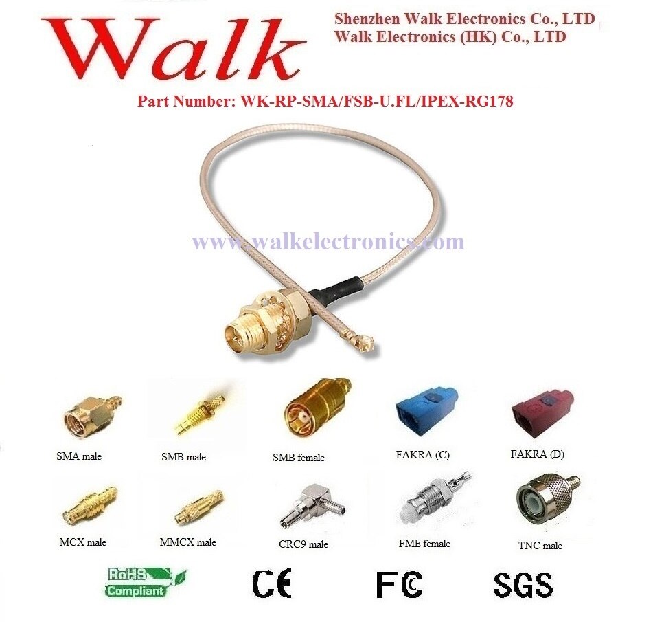 RP-SMA female U.FL RG178 cable, SMA IPEX RG178 cable, u.fl sma cable, wifi antenna interface cable