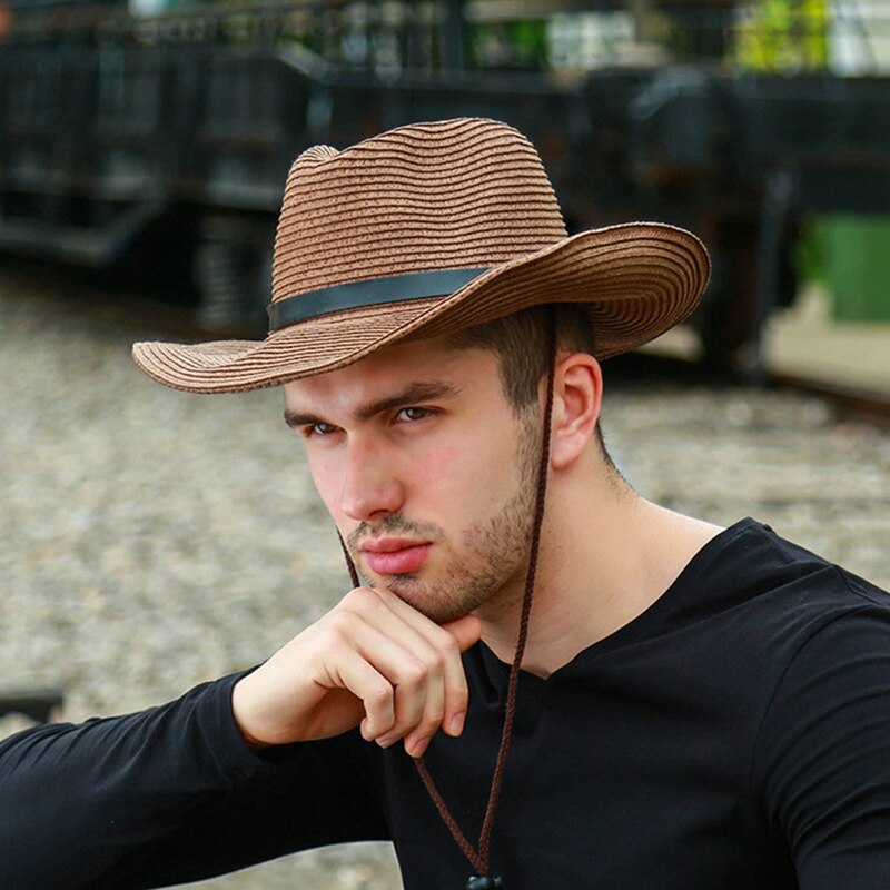 Men Straw Cowboy Hat Sun Hat Folding Western Wide Curved Brim With Adjustable Chin Strap Hat For Summer Outdoor: HT5196DCE