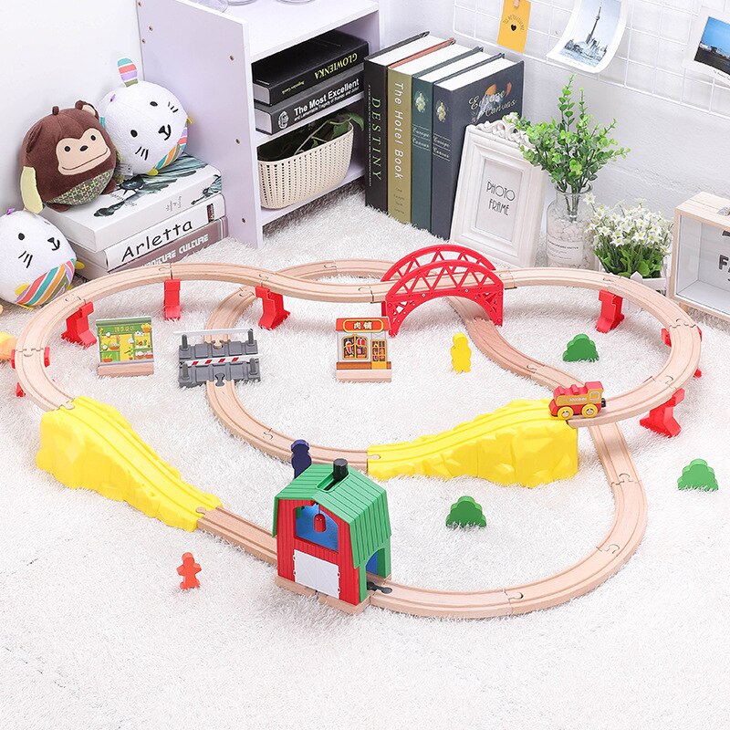 DIY Wooden Track Train with Scene Vocal Track Building Blocks Car Train Railway Track Set Educational Toys Children&#39;s