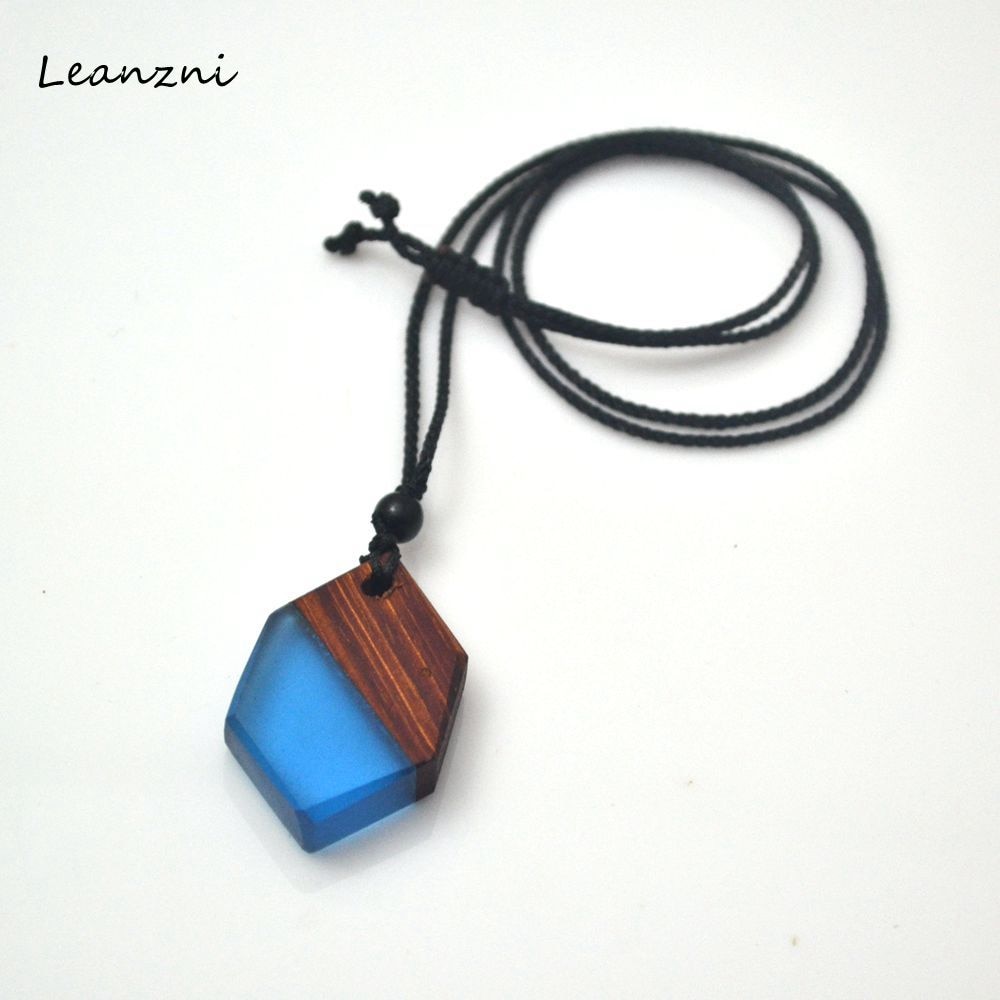 Leanzni geometric wooden resin necklace pendant, wood grain antique men and women's jewelry, woven rope,