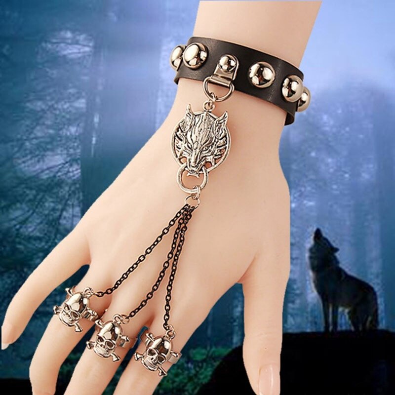 Smarte smykker gotisk kranium ulv håndkæder læderarmbånd håndfingre ringarmbånd (størrelse: enkelt, farve: sort)