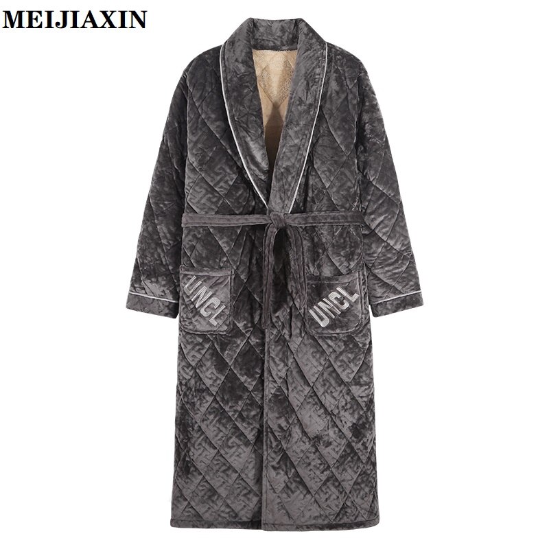 Mens Bathrobe Men Long Sleeve Nightgown 3 Layer Cotton Padded Thick Warm Men's Kimono Flannel Robe Sleeping Nightgown