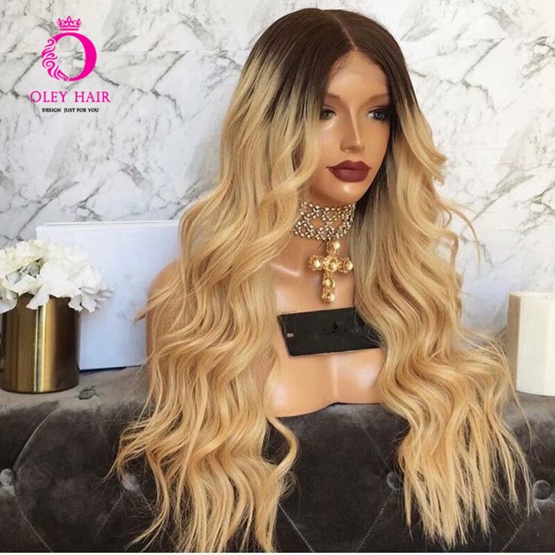 OLEY Hair Ombre Black Root Blonde Wig Glueless Synthetic Lace Front Wig High Density Middle Part Wig For Black Women