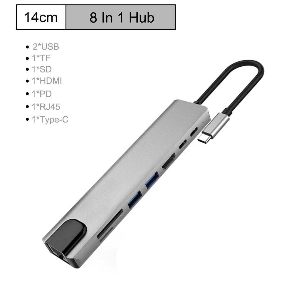 Estación de acoplamiento 8 en 1, Adaptador tipo C a 4K, RJ45, USB 3,0, TF, PD, estación de carga rápida