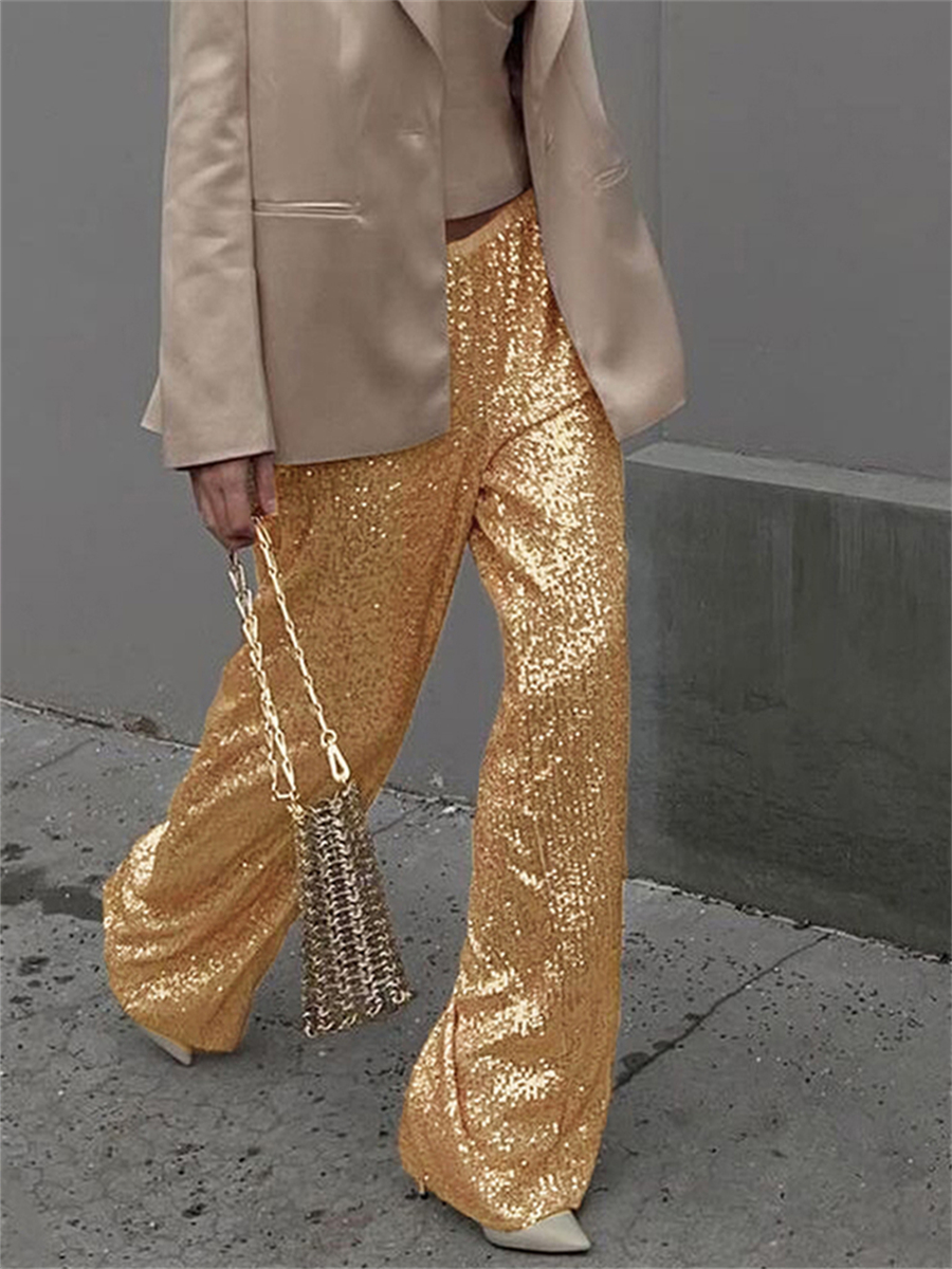 wsevypo Shiny Sequins Wide Leg Pants for Women Casual Loose Elastic High Waist Straight Leg Trousers for Office Streetwear: S / Gold