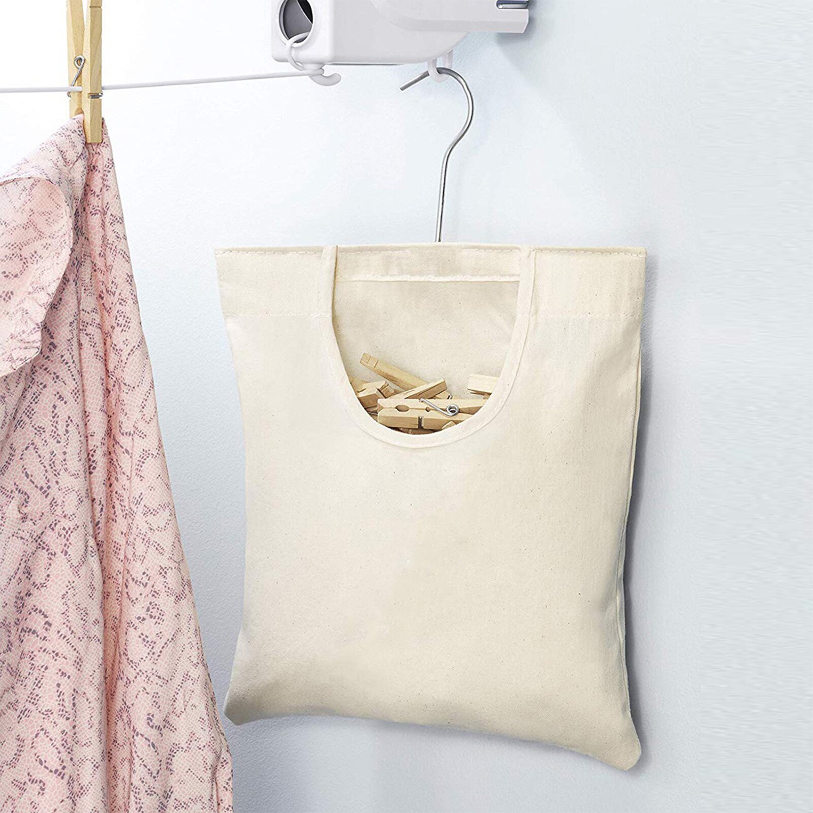 Clothespin Hanging Bag Large Opening Storage Bag with 360 Degree Rotating Hook for Bathroom Balcony
