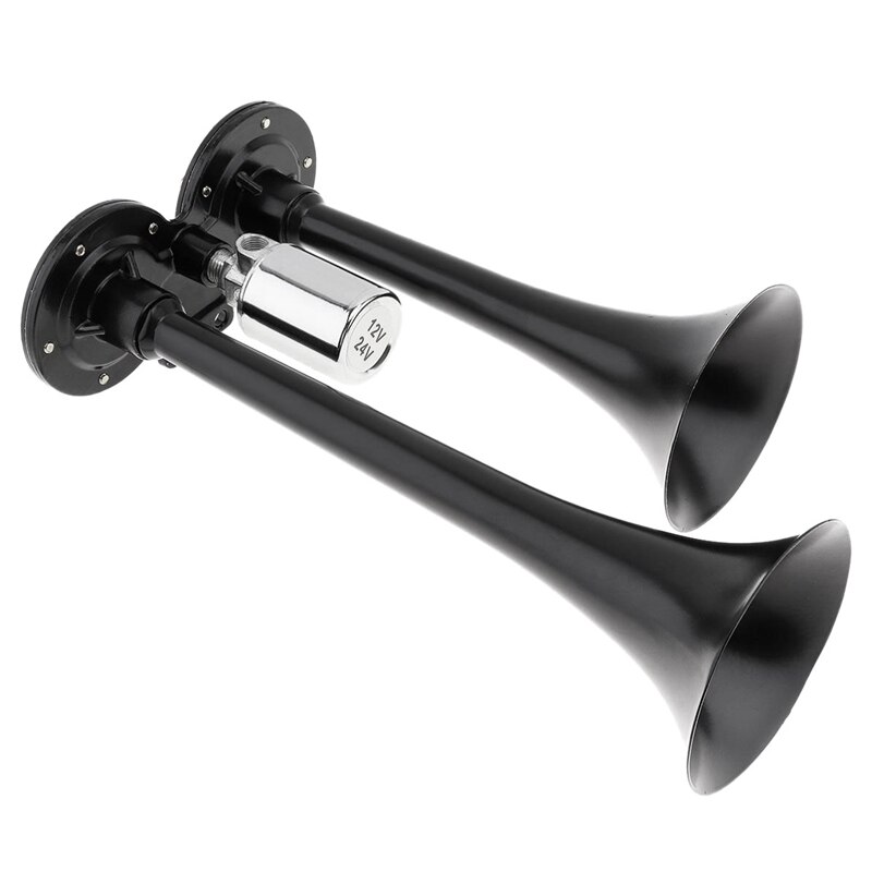 12V/24V 178DB Universal Super Loud Black Dual Trumpet Air Horn for Cars Trucks Boats: Default Title