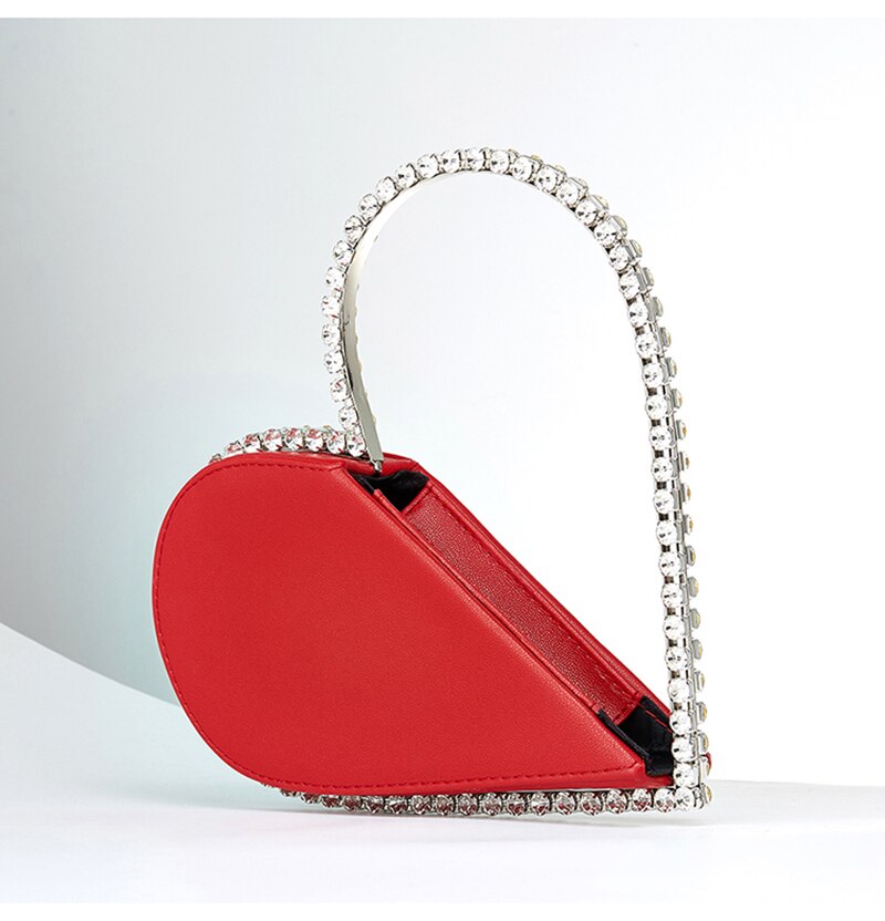 Bolso de mano de noche con diamantes de corazón rojo para mujer, con diamantes de imitación, , con asa de Metal, negro, para de boda,