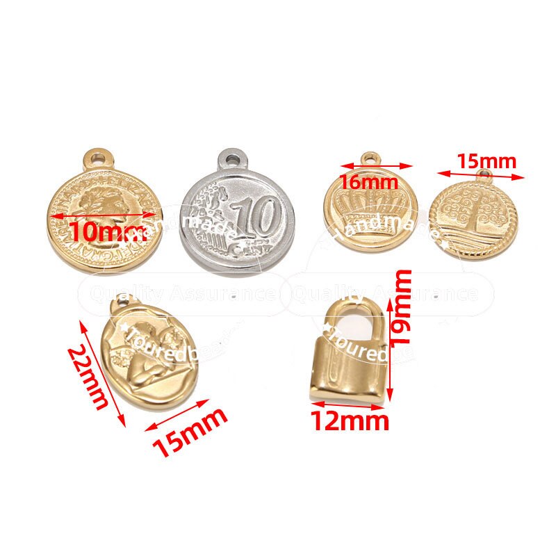 5pcs Stainless Steel Gold Lock Medal Charms Queen Angel Crown Life Tree Pendants For Diy Necklace Jewelry Makings Accessories