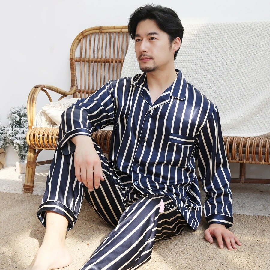 Home Clothes for Men Big Size 3XL 5XL 7XL 8X Men Summer Silk Pajama Trousers for Men Spring Stripe Men Nightwear Oversize