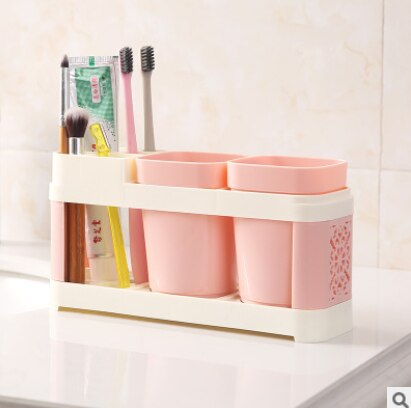 1pc badeværelser tandbørsteholder passer til tandbørste kop tandpasta bade sæt badeværelse opbevaring rack holder: 2 kop lyserød