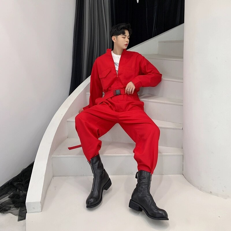 Multi-pocket Jumpsuit Mens Hip Hop One Piece Overalls Spring Autumn Youth Casual Tooling Long Sleeved Trousers
