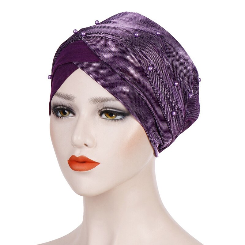Shiny Pearl Head Scarf for muslim women turban bonnet hijab Caps white pearl Inner hijabs femme musulman arab wrap turbantes: purple