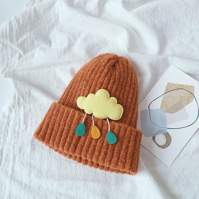 Herfst winter baby mutsen kinderen jongens meisjes mooie wolken gebreide muts effen kleur warme mutsen: Bruin