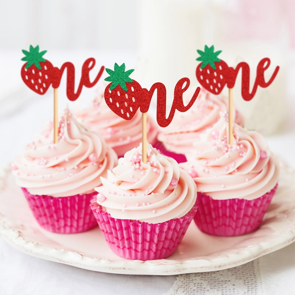 1set Bling Strawberry Cupcake Toppers Sweet One Topper for Summer Strawberry Fruits Themed Happy Birthday Party Cake Decoration