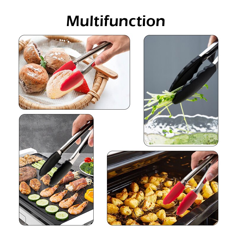 Silicone Voedsel Tong Rvs Keuken Tang Siliconen Antislip Koken Clip Clamp Bbq Salade Gereedschap Keuken Accessoires