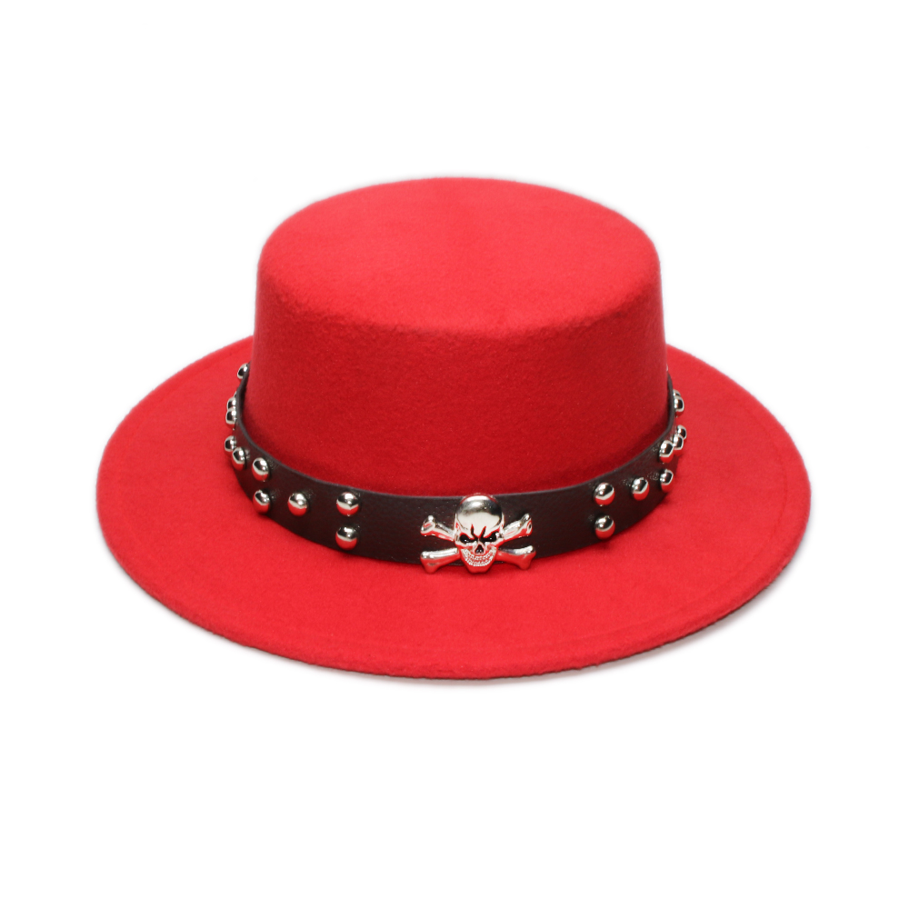 Retro dödskalle läderband förälder-barn unisex /barn ull bred brätte fedora fläskpaj fläsk-paj hatt bowler rund keps  (57cm/54cm): Röd / Barn storlek 54cm