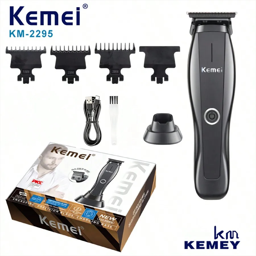Cortadora de pelo Kemei KM-2295 de alta velocidad, máquina de peluquero con cuchilla DLC con soporte de carga, máquina de corte de pelo inalámbrica: Negro