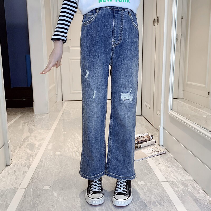 Teenage Girl Ripped Jeans With Holes Kids Casual Denim Trousers Teens Cotton Wide Leg Pants 4 5 6 7 8 9 10 11 12 13 14 Year