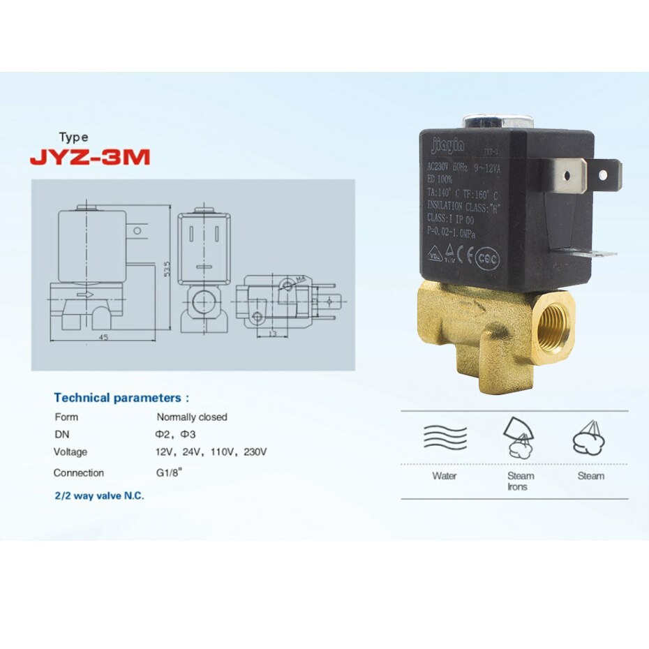 Jiayin JYZ-3 normalmente cerrado 2/2 vías 3mm rosca interna de acción directa AC 230V G1/8 "válvula solenoide de agua de vapor de latón